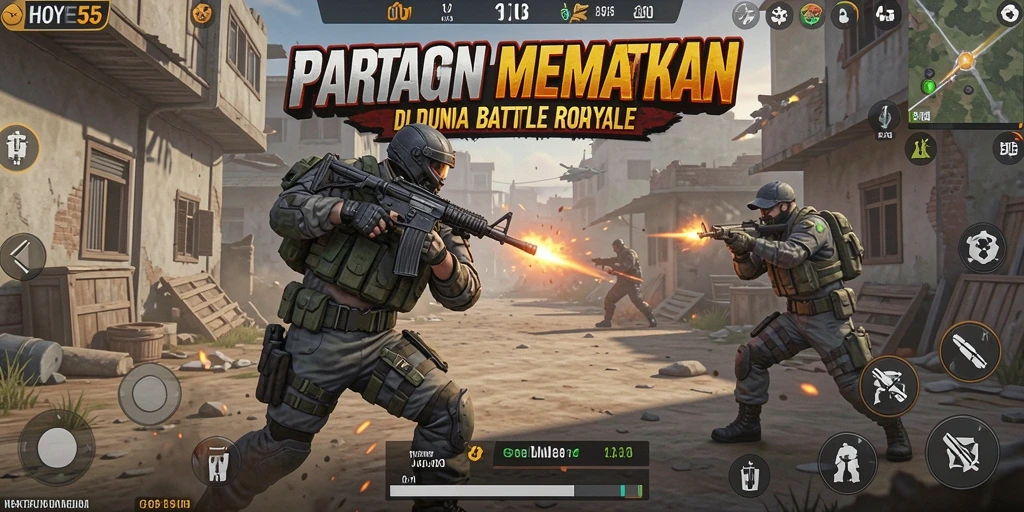 Gameplay seru di HOYE55 dengan aksi Battle Royale memikat.