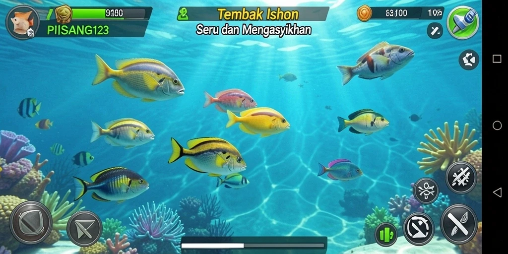 Tampilan gameplay seru dalam PISANG123 saat menembak ikan.